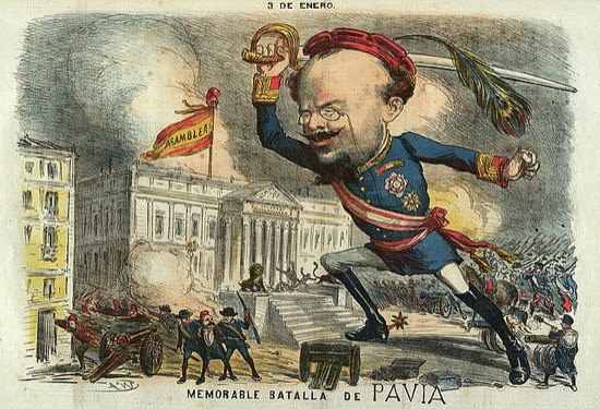 Caricatura de Pavía durante el golpe, en La Madeja Política, dibujo de Tomás Padró Pedret.