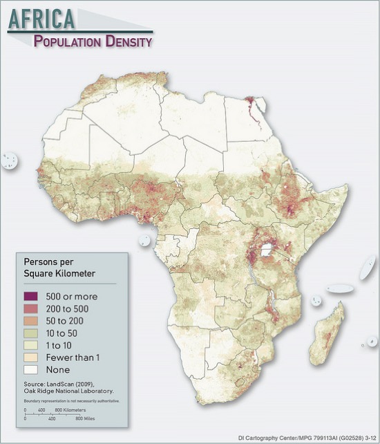 Densidad de población en África en 2012