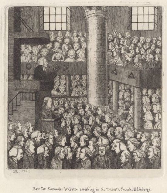 Caricatura de A. Webster (en el centro hacia la izquierda) predicando.