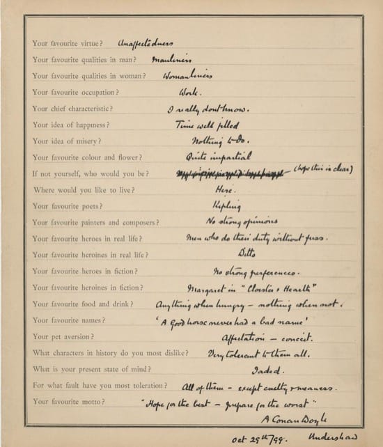 Respuesta de Arthur Conan Doyle al cuestionario de Proust