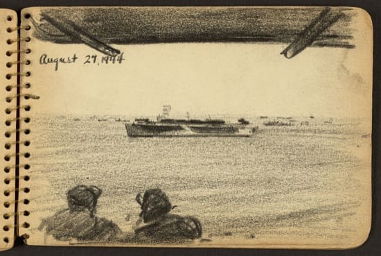 Soldados observando un barco en la distancia