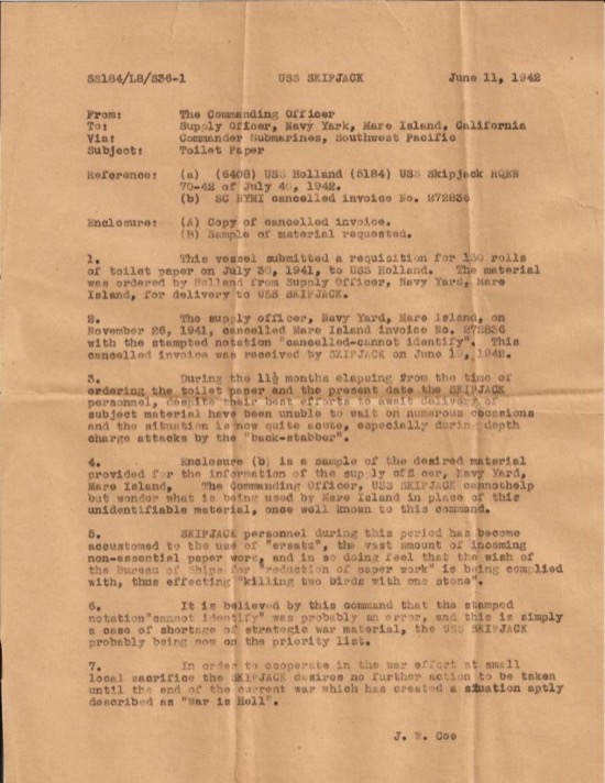 La divertida carta del submarino al que no le enviaron papel higiénico en 1941